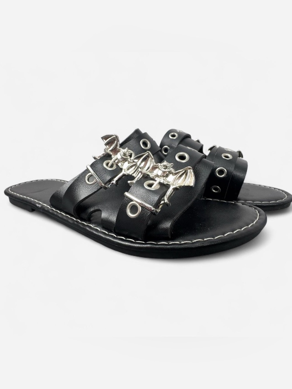Goth Bat Buckle Slide Sandals Black Punk Grunge Alt Y2K Women’s Size 7.5 EU 38